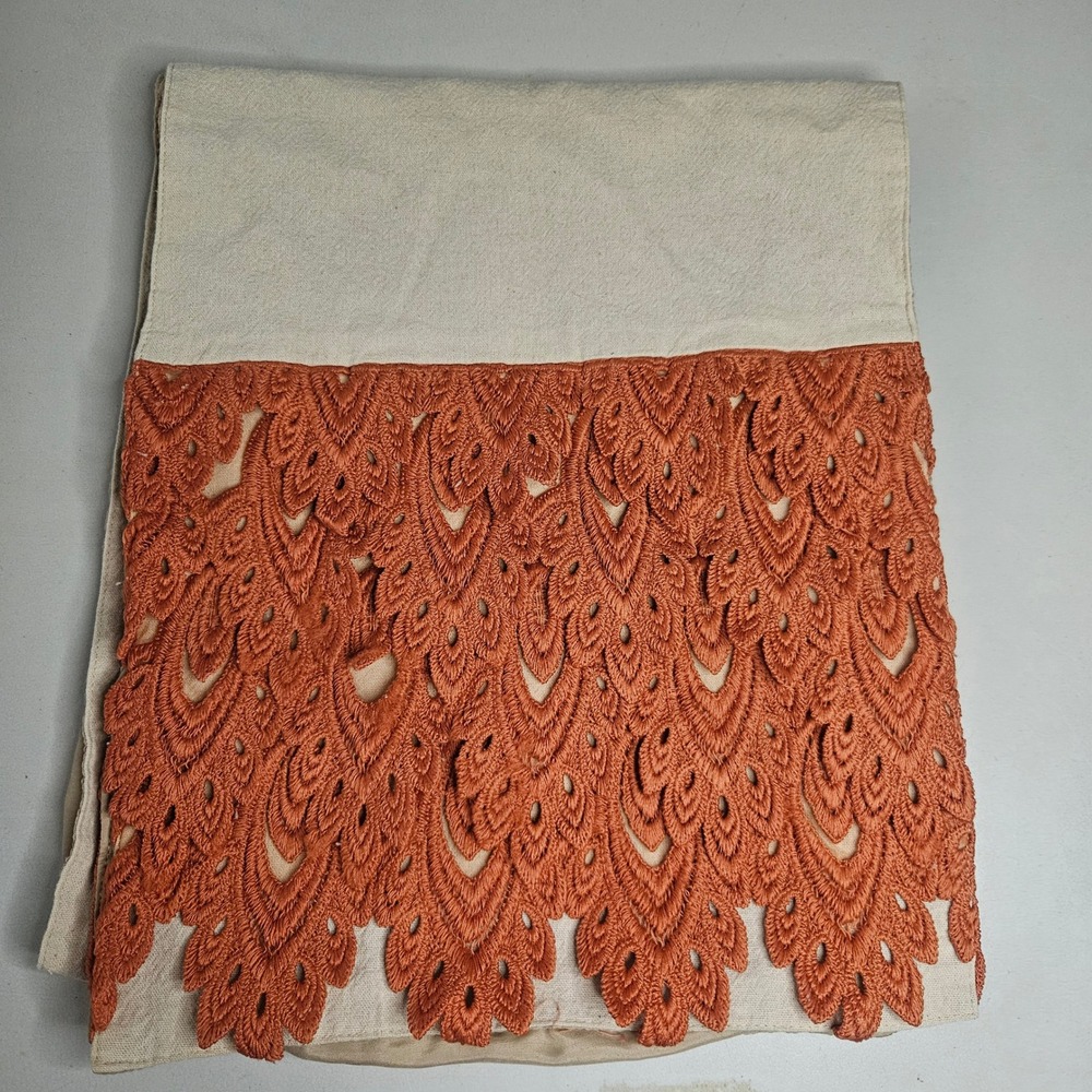 Terracotta Orange Crochet Lace Linen Look Table Runner Boho Scalloped 66"